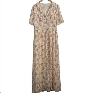 Vintage Lucca Floral Cream & Pink Button Front Maxi Dress Size Medium